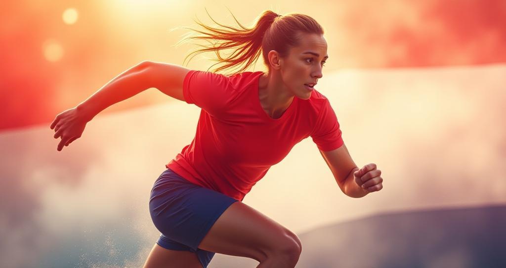 Portret van een sporter in actie met Nederlandse kleuren op de achtergrond